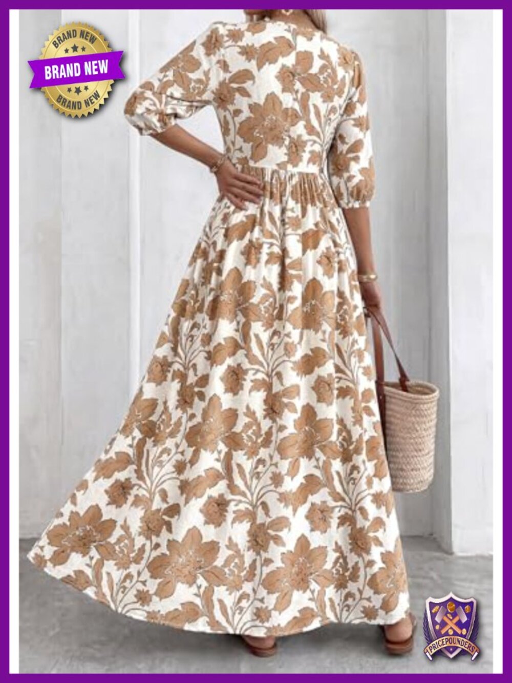 Women's Boho Floral Maxi Dress 3/4 Sleeve Drawstring Tie Neck Elastic Waist - Picture 5 of 6